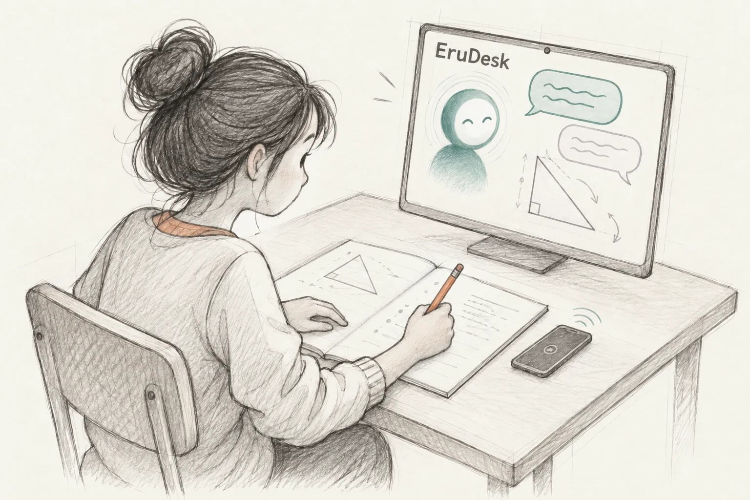 Pencil sketch of a student writing homework on paper while talking with EruDesk on the screen in front of them, with a phone beside the notebook.